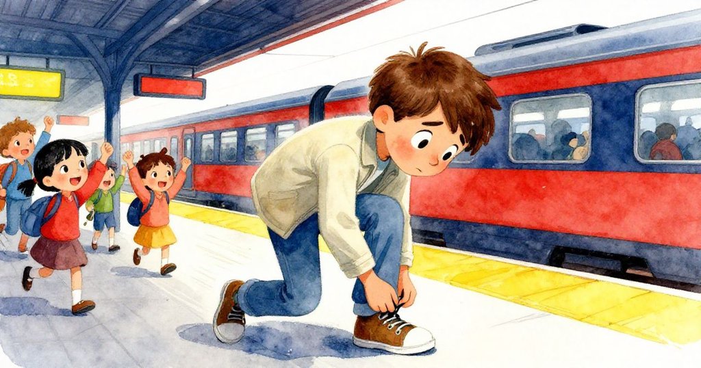 拉夫急速彎腰綁鞋帶,動態線條展示奔馳氣息,背景中孩子歡呼與車廂接近,充滿生動節奏。