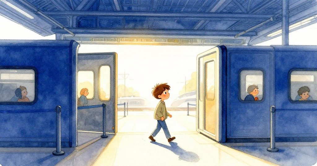 拉夫用旅行卡開啟閘門後自信前行,金色夕陽灑落在車站上,溫暖光影映出最後一絲指印,故事圓滿落幕。