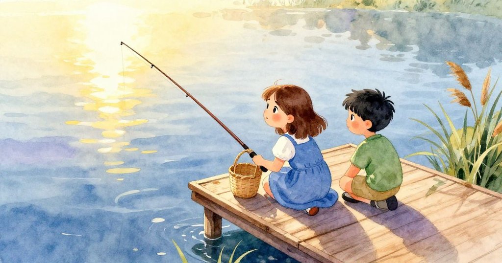 莉莉與裡德在傍晚的湖邊碼頭上，從空中俯瞰場景，展示溫暖光線與平靜環境，情緒平和、充滿期待。