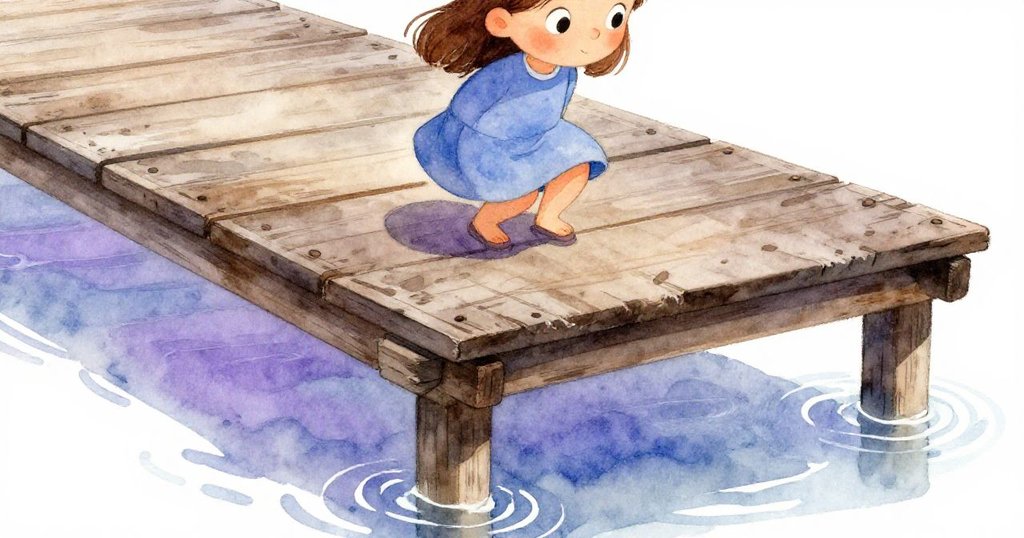 莉莉跪在老舊碼頭板上，腳步輕觸木板質感，細膩水紋映襯下，展現專注與期待的情緒。