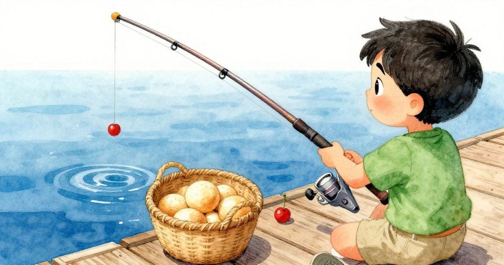 裡德視角下舉起彎曲釣竿，旁邊稻草籃搖晃觸碰，清晰展現動作細節與緊張瞬間。