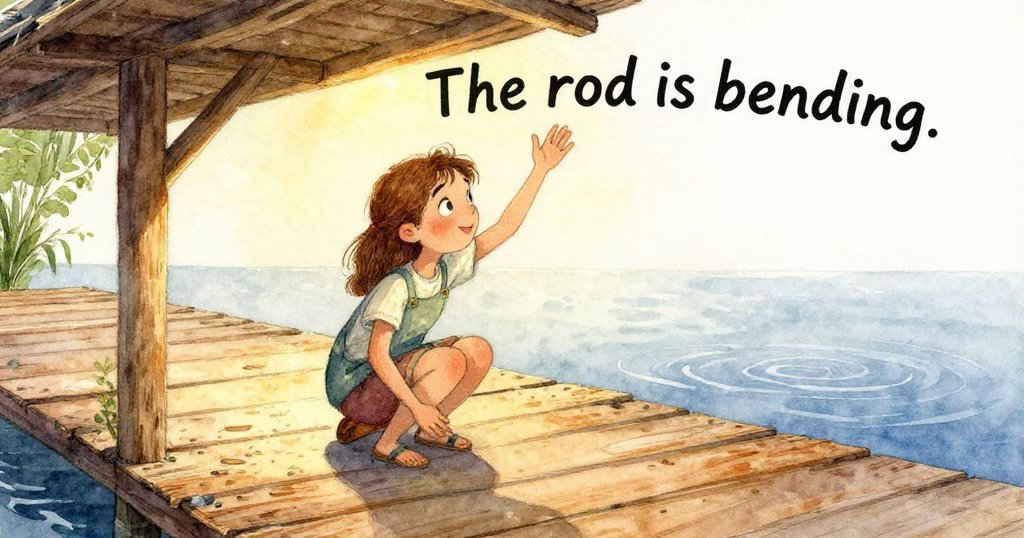 釣浮漂從平靜水面漂向系繩柱，柳樹枝影輕搖，蜻蜓掠過水面，場景充滿自然變化與驚喜。