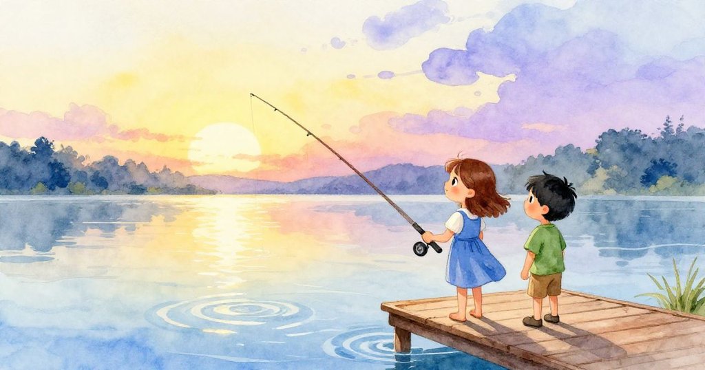 傍晚湖邊，莉莉與裡德返回起點，釣竿輕輕搖晃，夕陽低垂，柔和光線為寧靜冒險畫上完美句點。