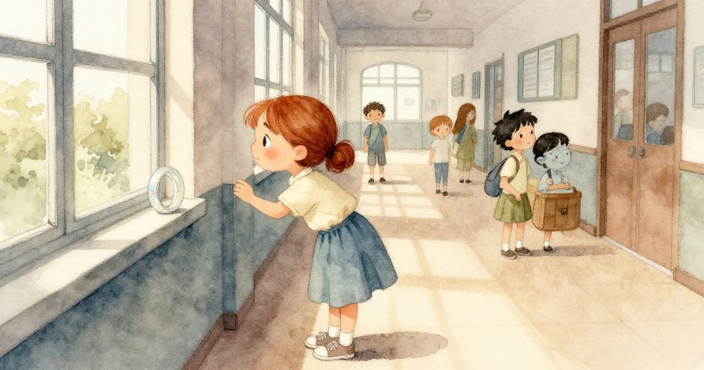 Opal在繁忙走廊中尋找線索,窗台上微光提醒缺失澹海馬澆水壺,背景有同學與明亮光線。