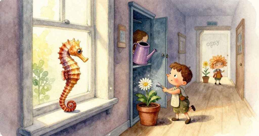 窗台上微光的環與儲藏間中隱約露出的海馬澆水壺並排展示,散發溫柔神秘氛圍,營造線索對比。