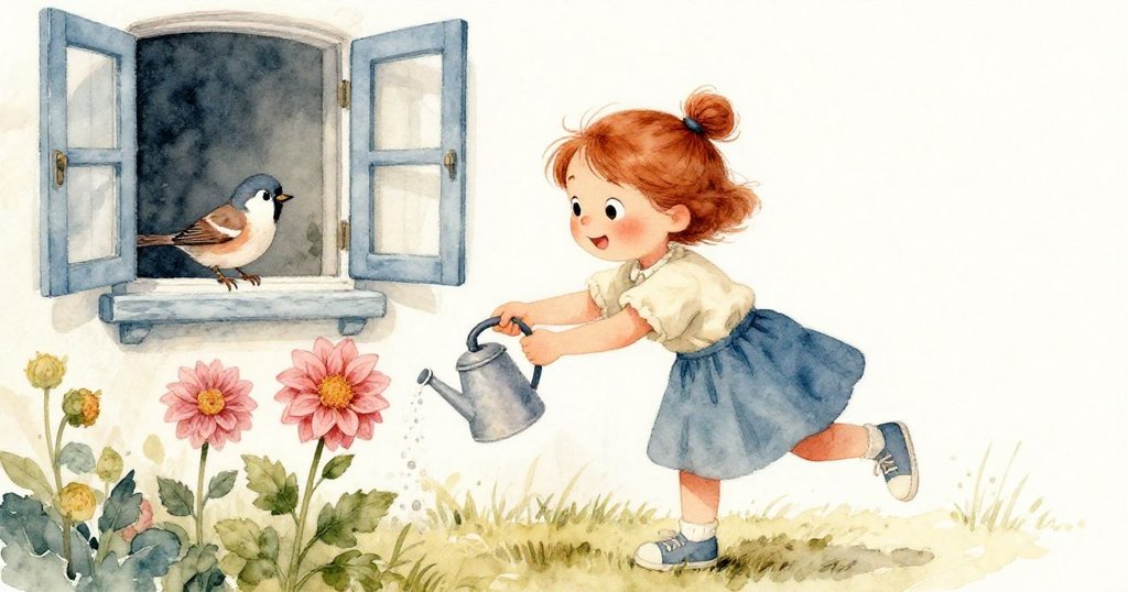 Opal急忙澆灌大麗花,與此同時窗外雀鳥好奇注視水跡,畫面左右分割展現室內外互動。