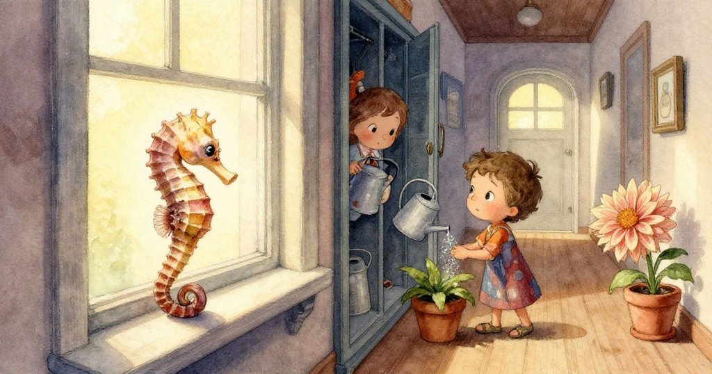 水跡緩緩在舊瓷磚上流動,從半掩門縫中滲出,呈現柔和溫暖光影及秘密前行之感。