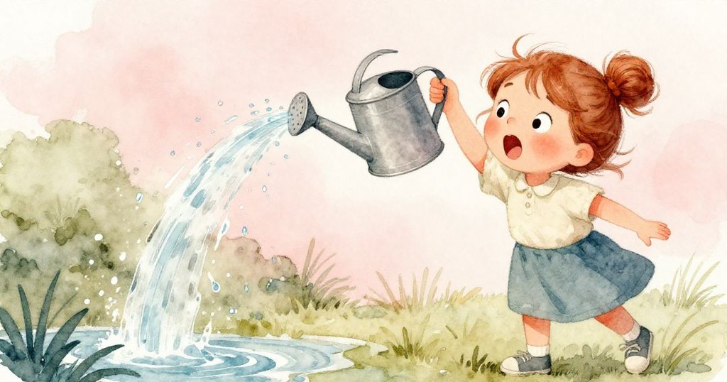 Opal驚訝面容特寫,手中金屬澆水壺急傾洩水,水流在空中造型動感瞬間凝固。