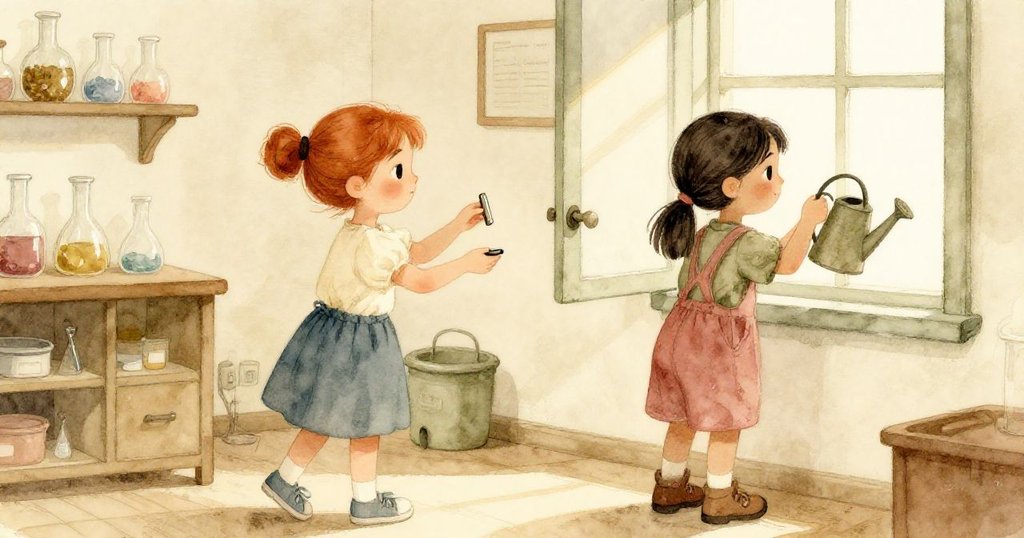 Greta與Opal在儲藏室中互相協作,Greta傳遞橡膠門擋,Opal在窗邊專注澆花,傳達團隊協作與溫馨解決。