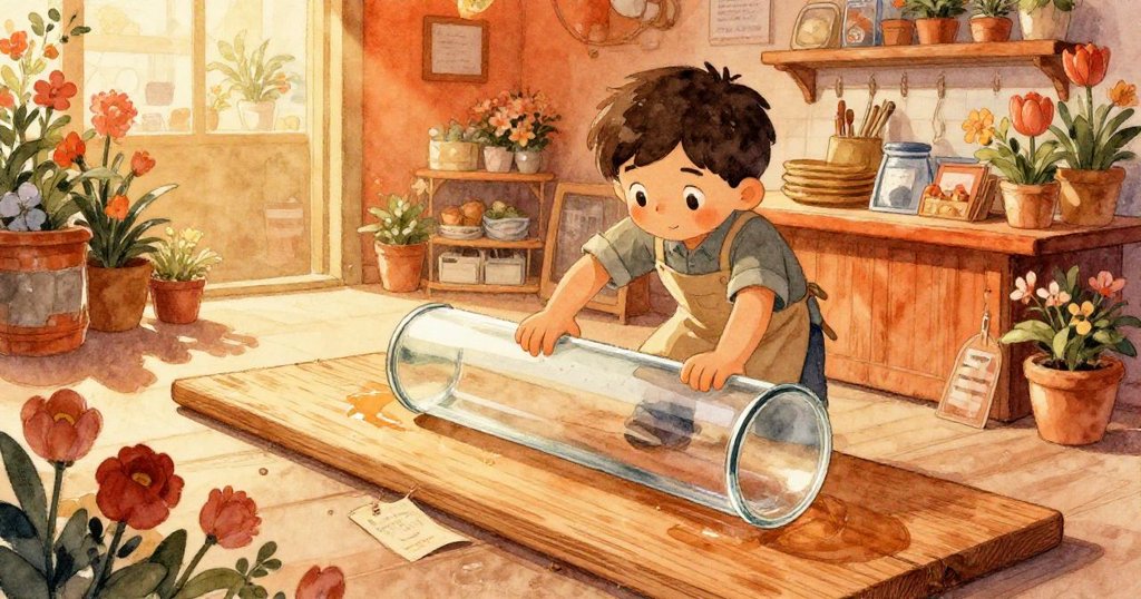 拉爾斯在溫暖花店內小心將光滑玻璃圓柱滑向濕潤木板,半暗光影下呈現訂單標籤,神情專注且充滿期待。