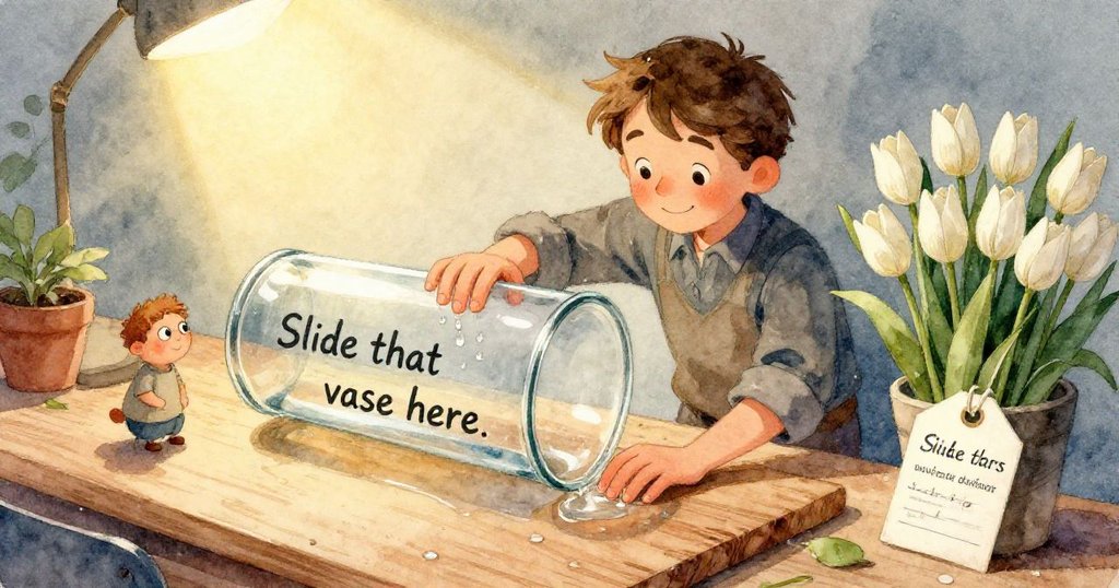 特寫展示玻璃圓柱上閃爍的水滴與手寫訂單標籤,拉爾斯的手輕觸物件,細節豐富呈現時光流逝和用心傳承。