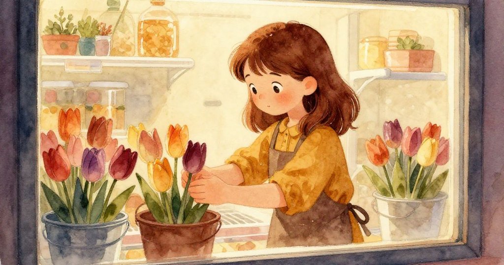 伊芙在花店內精心整理彩色鬱金香枝條,透過玻璃窗觀察冰涼展示櫃,動作專注且充滿溫馨氣氛。