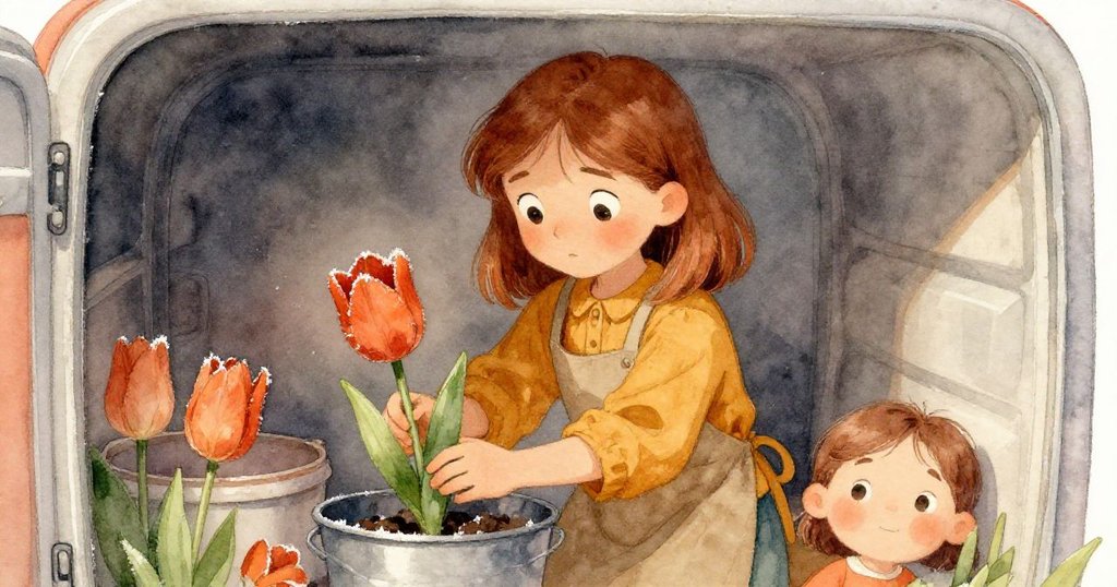 伊芙在冰冷的儲藏室中小心伸手取出最後一朵鬱金香,面露堅定與一絲寒意,背景呈現微霜玻璃與冷色調。