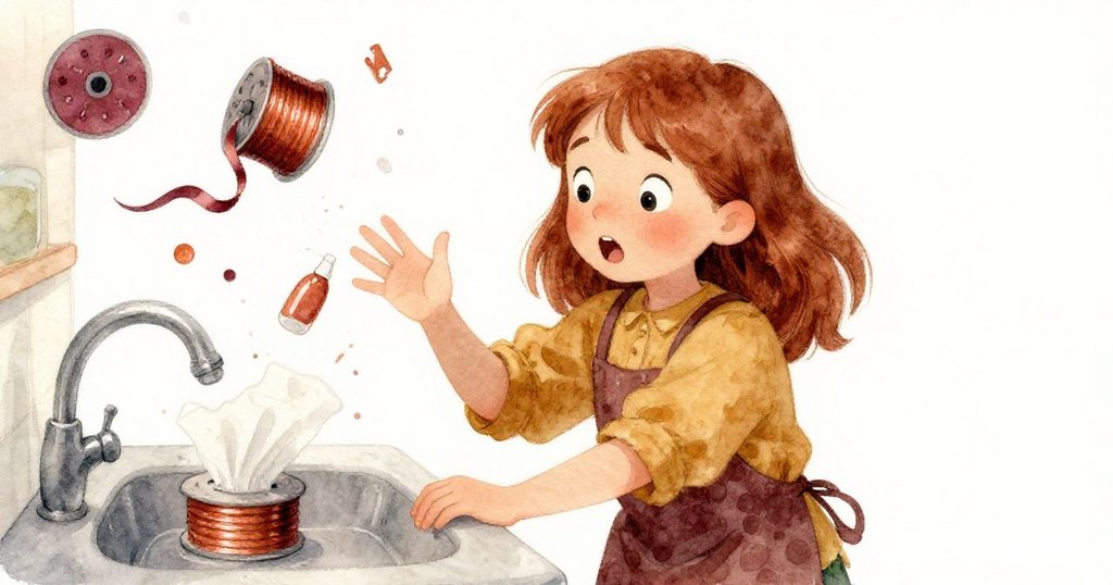 伊芙在櫃台邊驚慌應對飄動的絲帶捲和滑落紙巾,水花從水龍頭噴出,緊張場景充滿動態戲劇感。