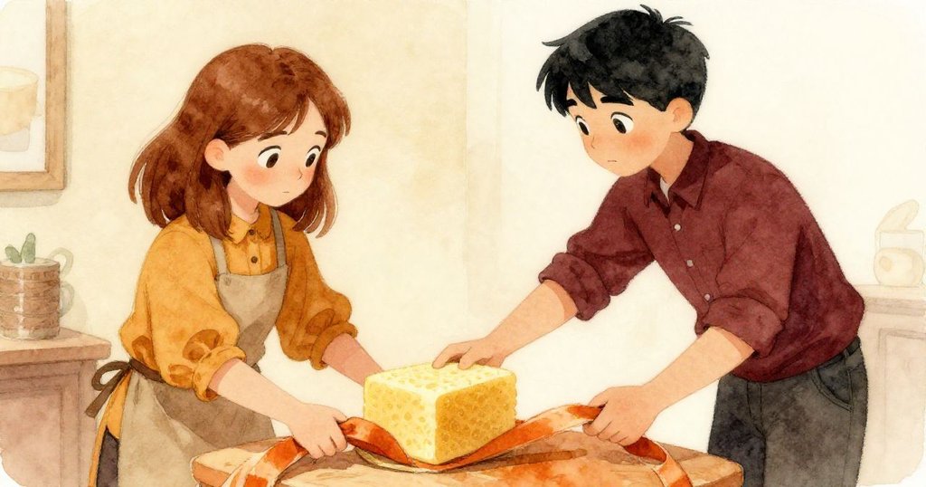 芬恩在冰櫃內溫柔遞給伊芙備用泡沫塊,兩人相視一笑穩住飄動絲帶,水流漸緩,場景充滿溫馨解決的情緒。