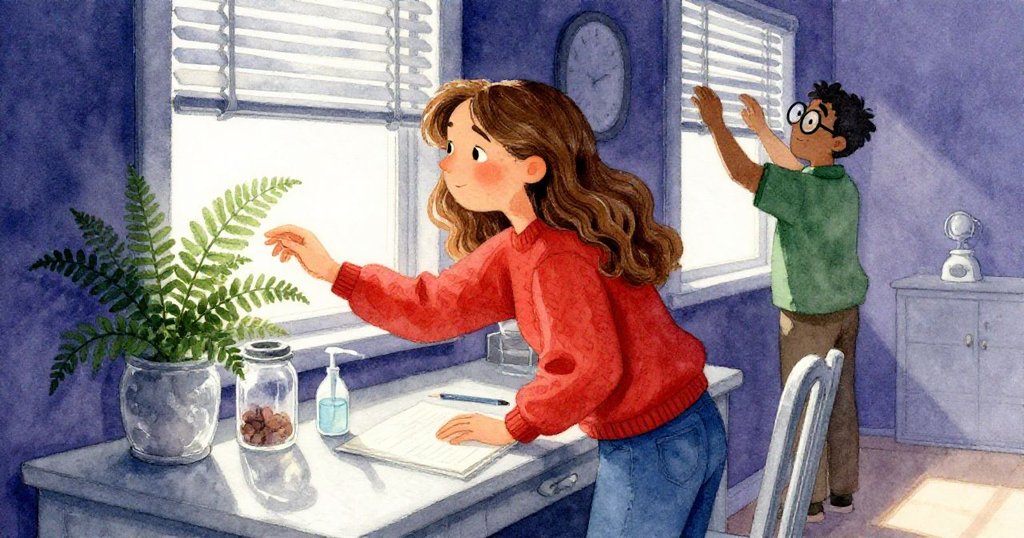 Flora 正在傾斜的明亮桌上小心處理蕨類植物,Amos 在背景中調整百葉窗,桌上擺滿噴霧瓶與苔蘚,充滿溫馨期待