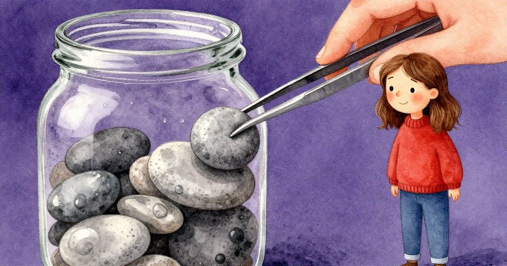 Flora 正用鑷子試圖調整卡在玻璃瓶口的光滑卵石,瓶口上細節清晰,露珠與炭灰營造精緻質感