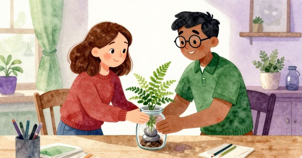 Flora 與 Amos 溫柔合作,將蕨類植物穩放於玻璃瓶中,卵石支撐根部,室內桌面溫暖和諧,充滿幸福感