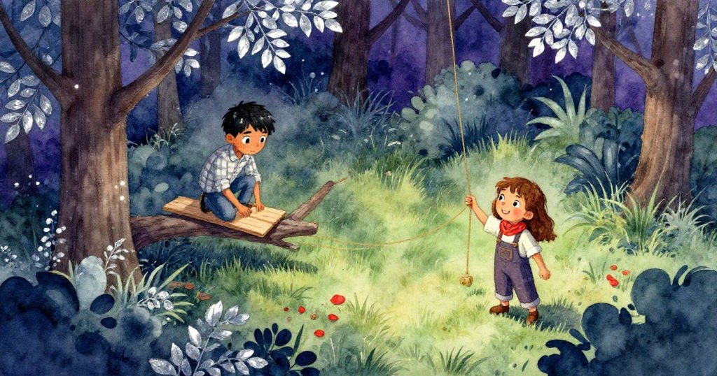 多利安在樹枝上工作,格蕾塔在下方揮舞繩索,樹林全景展現銀光閃爍的葉子,充滿專注與期待情緒。