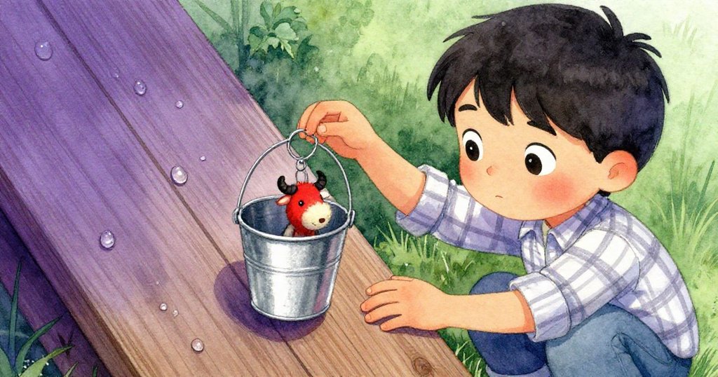 多利安仔細檢查沾著露珠的木板,桶中隱藏著毛絨牽絆鶴飾品,近景呈現認真與驚喜情緒。