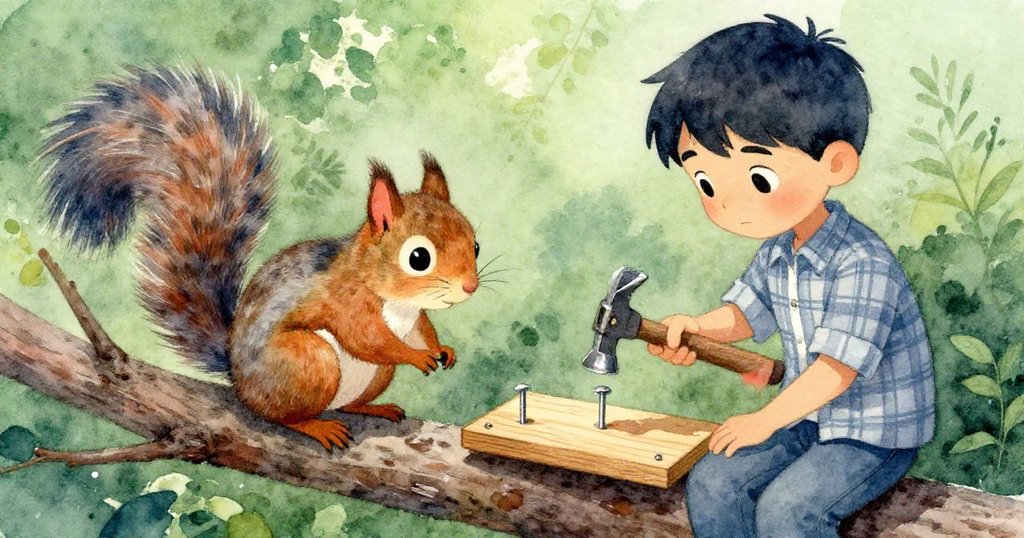 多利安專注敲打釘子,一隻好奇松鼠從樹枝間窺視,樹林角度呈現工作與自然趣味。