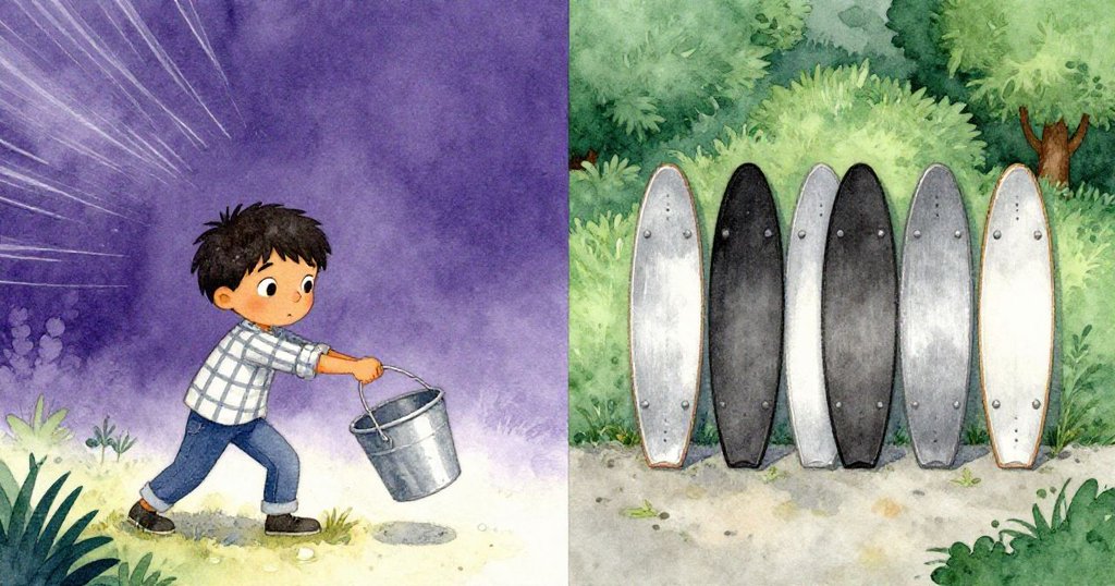 多利安在分割畫面中,一側面對狂風與搖擺桶急忙平衡,另一側夢想板材安穩對接,呈現對比情緒。