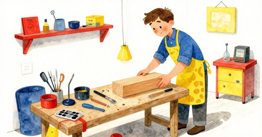 福雷斯特在工作室中檢查木塊上結節,表情疑惑,缺失砂紙營造神秘氛圍,工具背景豐富。