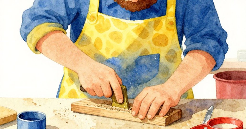 福雷斯特用力按壓砂紙,雙手緊握粗糙質感,細微灰塵飛揚,專注場景呈現工作室中工序。