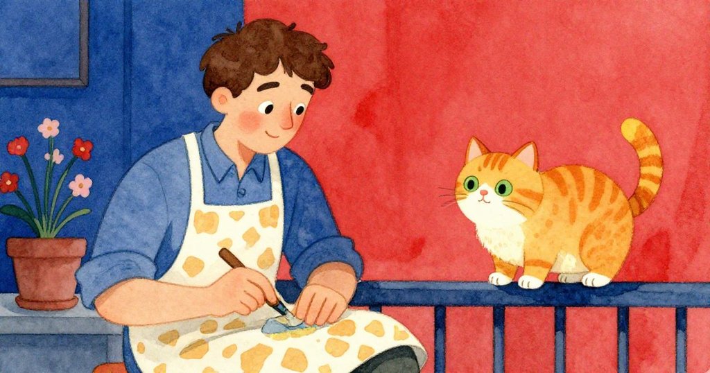 福雷斯特專注打磨木塊,旁邊盆栽散發花香,橘貓在欄杆上好奇觀看,景深層次豐富。