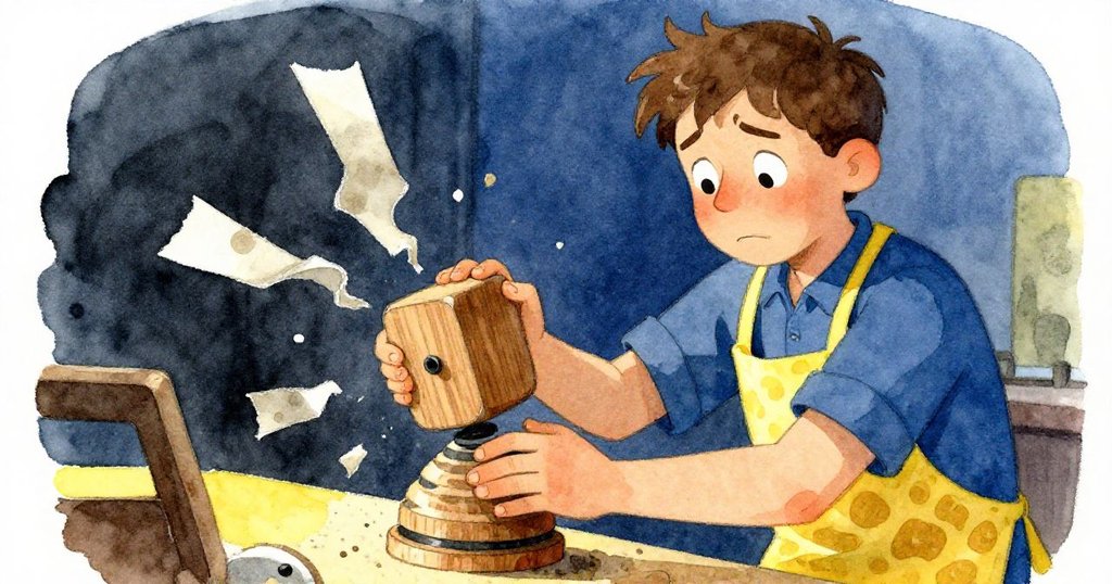 福雷斯特臉上表露出煩躁與堅毅,木塊意外旋轉,破損砂紙飛散,情緒激烈沖突在工作室中展現。