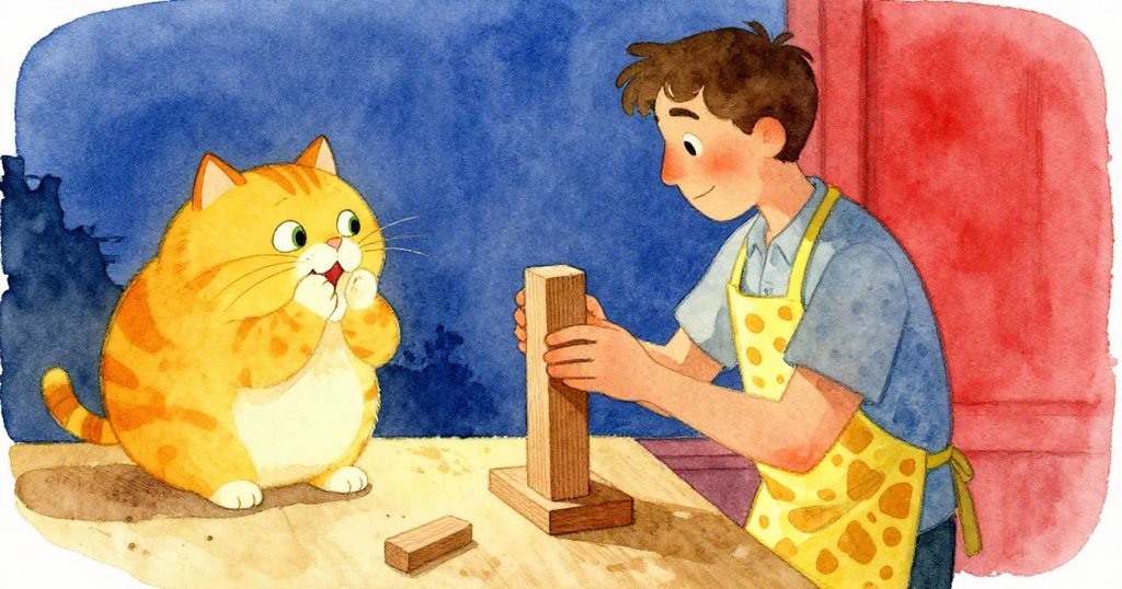 福雷斯特平靜檢查木材表面,橘貓在落塵中輕輕噴嚏,暮色中工作室達成平靜解決,結局寧靜。