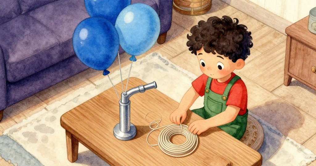 Grant在溫暖房間內排列銀色噴嘴、淡色線圈和藍色氣球,鳥瞰視角呈現活力與期待氛圍。