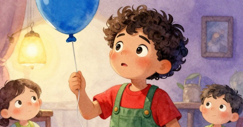 Grant專注凝視氣球,臉部特寫中流露出決心與輕微擔憂,溫暖燈光襯托情感。