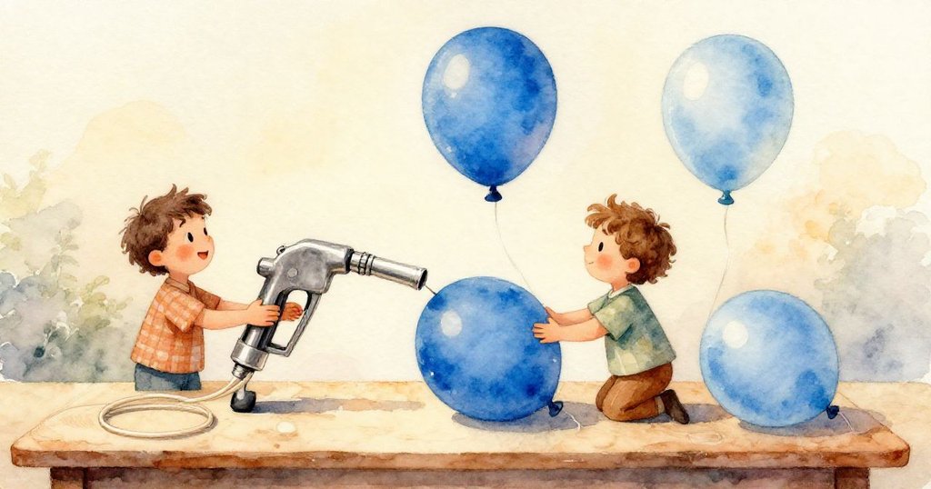 從Grant視角看見雙手操作銀色噴嘴與藍色氣球,觸感清晰,回憶中充滿專注與節奏感。