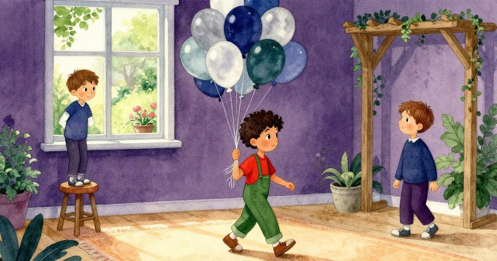 Grant步行穿過溫暖地毯攜帶氣球串,前往窗邊見到Dale平衡於凳上,窗外花園光影交錯。