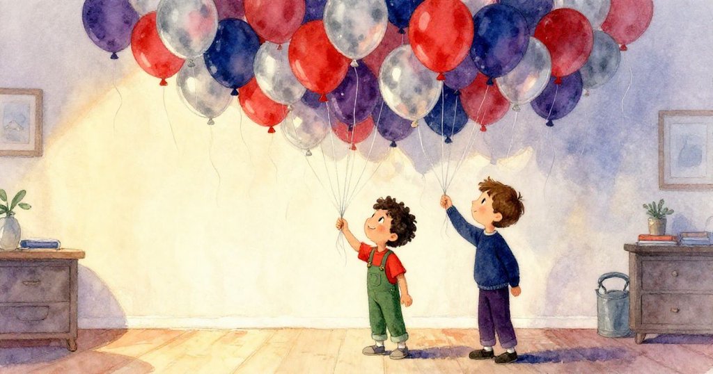 Grant與Dale共同欣賞懸浮氣球串及紙雨般飄落流蘇,臉上洋溢著成功與喜悅笑容。