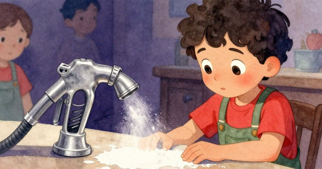 Grant靜靜在桌旁觀察獨自放置且覆有細粉銀色噴嘴,場景悄然呼應創作起點呈現沉靜落幕。