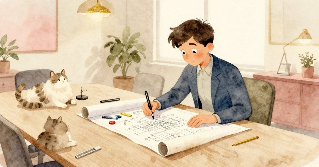 在會議室中，Zane展開藍圖，專注操作，桌上擺有磁鐵、彩筆與貓咪，充滿期待與溫暖氛圍。