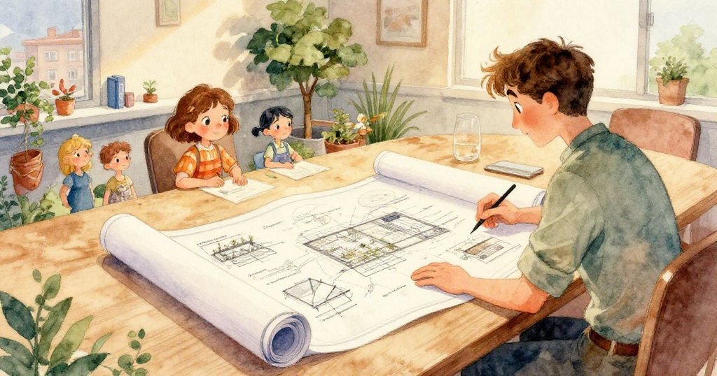 Zane仔細用手按壓磁鐵於藍圖上，展示精心操作的細節，室內光線柔和，充滿專注與溫馨情感。