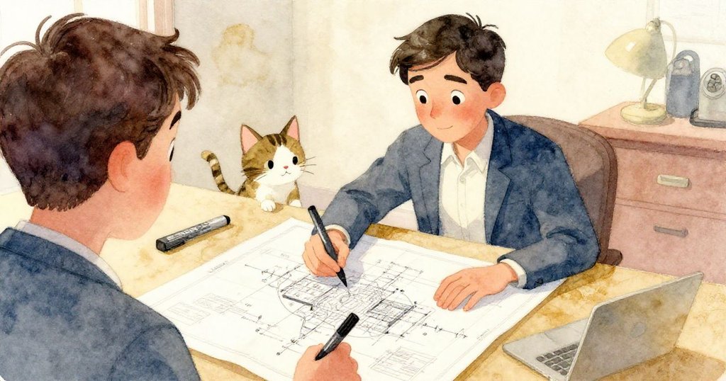 從Zane背後觀看，藍圖部分固定呈曲線狀，桌邊貓咪好奇伸展，標記筆滑落，展現工作現場情趣。