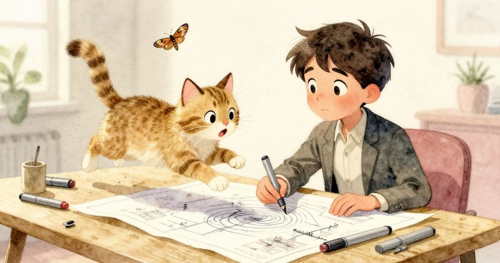 Zane驚訝中目光四散，藍圖上起伏微波引起飛蛾，桌上貓咪猛然跳起，彩筆散落，充滿緊張與驚異。