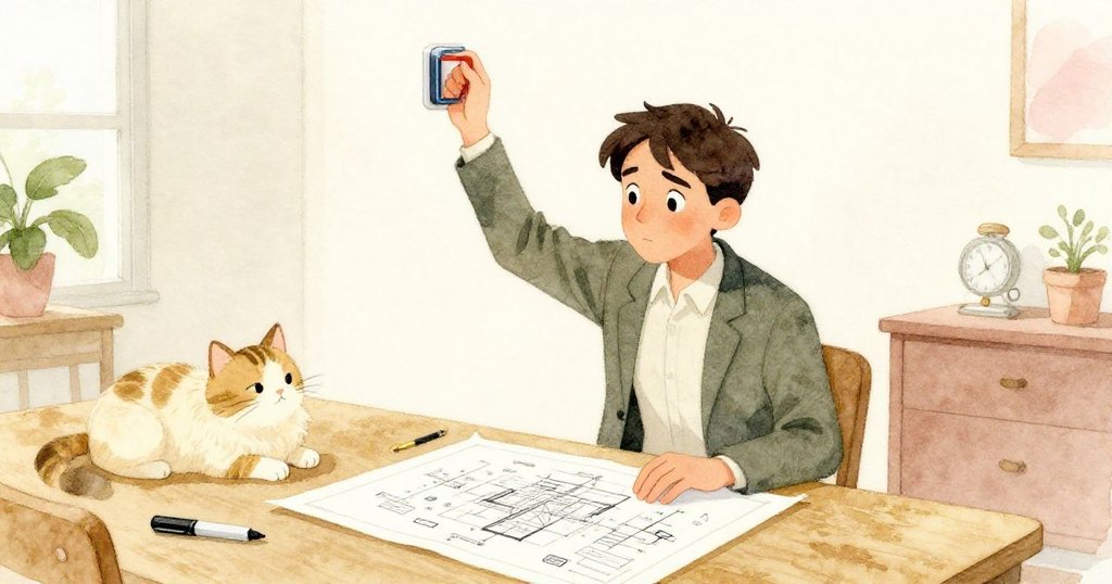 Zane穩定動作將磁鐵移除，藍圖恢復平整，桌上貓咪安躺，環境歸於寧靜，表現出解決緊張後的平和與滿足。