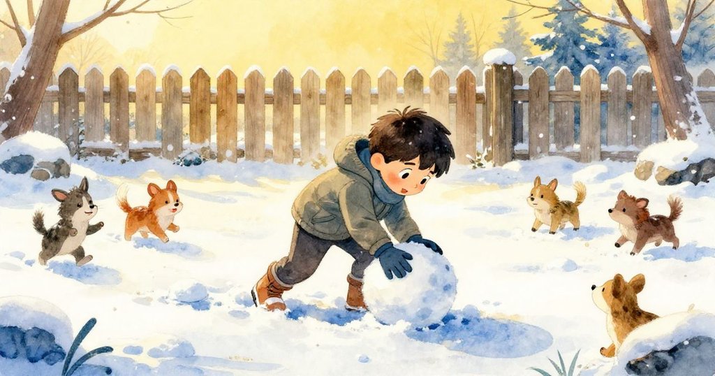 伊凡在雪地上快樂製作雪球,周圍有小鳥和松鼠圍觀,陽光溫暖灑落,展現生機。