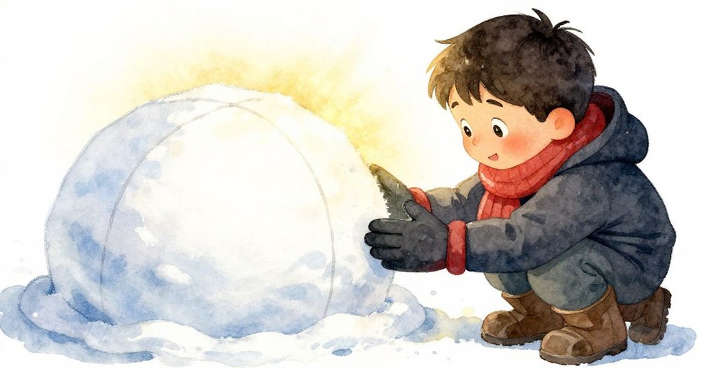 伊凡細心檢查半成型雪球屋的弧線與細縫,手套在金色光影中展現精緻工藝,充滿專注神情。