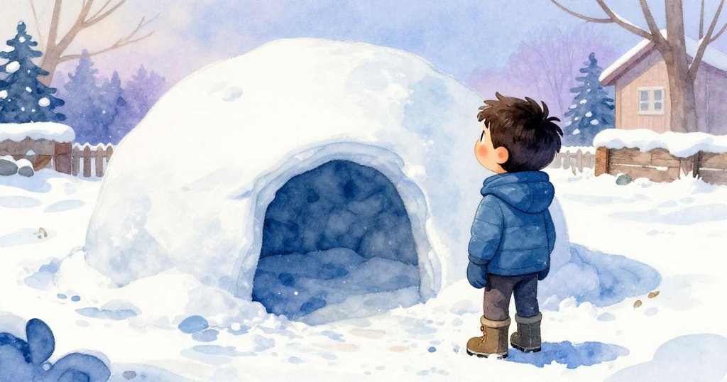 伊凡背對觀眾,透過肩頭觀察稍垮的雪球屋,眉頭微蹙,思索如何修補細節,展現堅定決心。