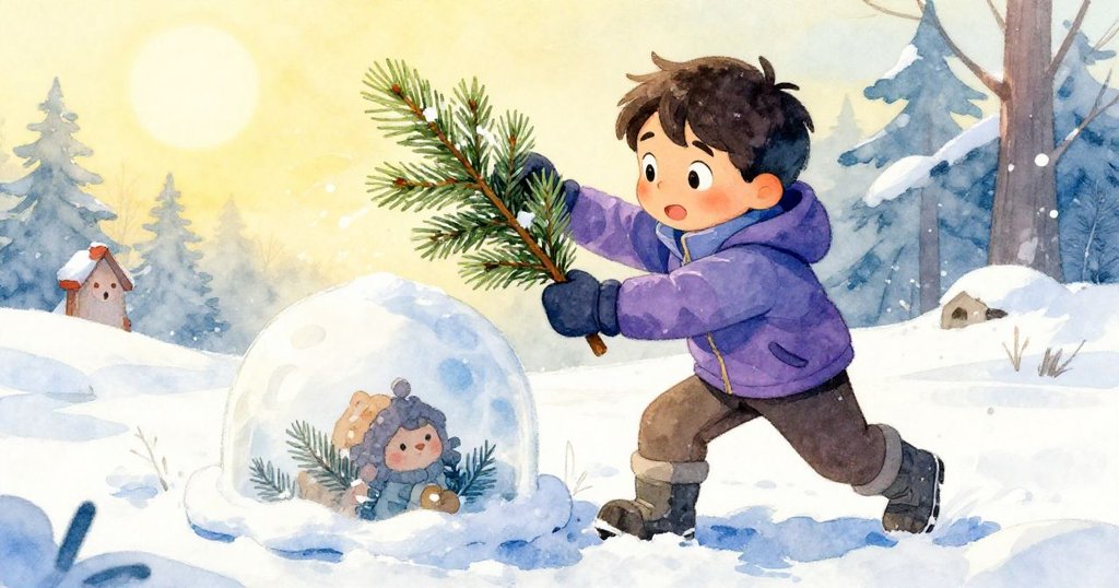 伊凡認真調整雪球屋,用常青樹枝穩固缺口,充滿希望與專注,雪地與自然融為一體,動態生動。