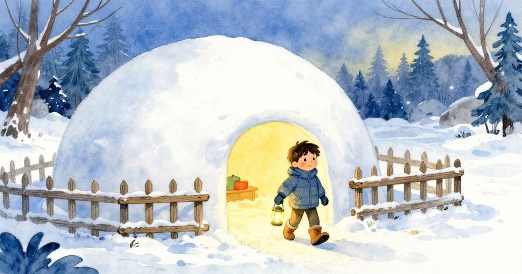 伊凡拿著燈籠自信走過木圍欄,完成的雪球屋在暮光中柔和閃耀,底部留有一顆孤獨雪球,場景寧靜。