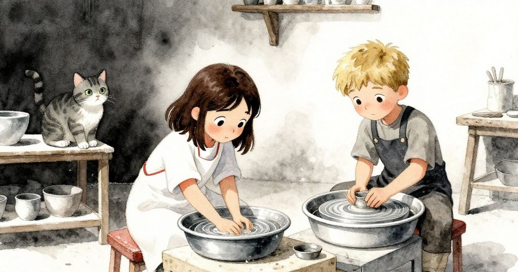 Lyra彎腰在陶藝工作坊中檢查水槽，Kent操作旋轉輪，虎斑貓在後方好奇凝視，水面映出工具細節。