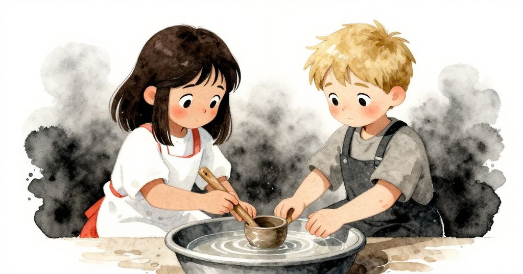 Kent小心地用勺子沾水，Lyra伸手接過，水槽中映出兩人默契眼神，溫柔場景充滿反光細節。