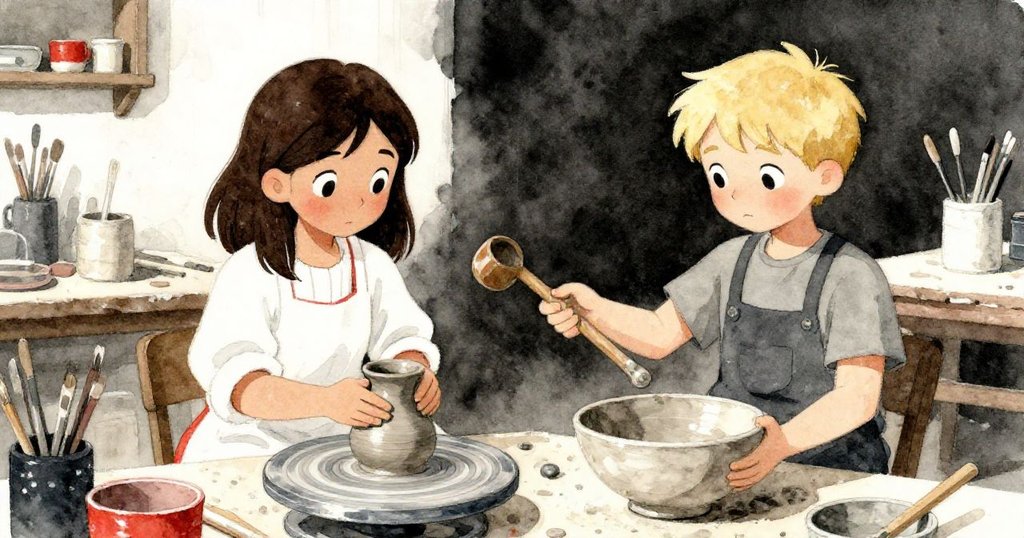 Lyra與Kent各自製作陶器，一邊交換木製勺子，創作氣氛濃厚，工作坊中散落陶土與工具展現雙重藝術魅力。